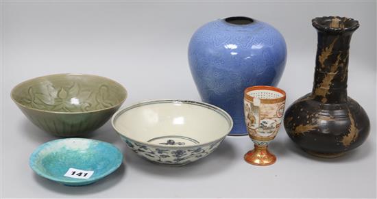 A Chinese Ming blue and white bowl, a Yaozhou type bowl, a blue glazed meiping (neck reduced) and other items